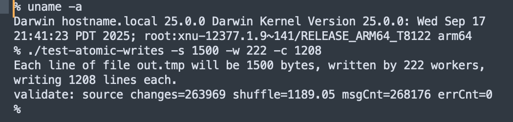 Screenshot of test-atomic-writes command line output.